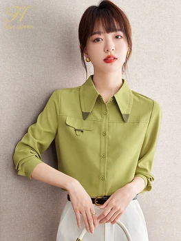 H Han Queen Pavasario rudens elegantiška paprasta vienspalvė šifono moteriška palaidinė Korėjietiška laisvalaikio laisvalaikio vintažiniai marškiniai Biuro viršūnės