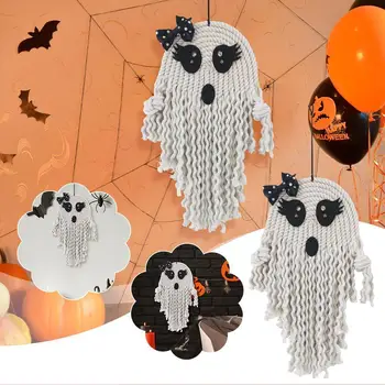 Helovino vaiduoklių kabančios dekoracijos Helovinas Kabantys baisūs vaiduokliai Medžio lango ornamentas Aukštyn Skraidanti šviesa Siena Balta W7V5