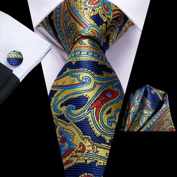 Hi-Tie Yellow Blue Paisley 2023 Naujas elegantiškas vyriškas kaklaraištis Hanky rankogalių segtukai Šilko kaklaskarės vyrams Vestuvių vakarėlis Verslo mados prekės ženklas