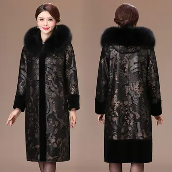 High End New Women Autumn Winter Fur Jacket Two-sided Faux Fur Coat Vidutinio amžiaus moteris Storas šiltas aksomas Ilgas paltas su gobtuvu