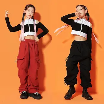 Hip Hop Girls Patchwork Off-Shoulder Crop Zipper Top Red Cargo Pants Streetwear Clothes Sets Kids Street Dance Jazz Costume
