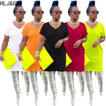 HLJ&GG Casual V kaklo suknelės trumpomis rankovėmis Suknelės Moterys Vientisos spalvos Laisvi Vestidos Vasaros moterų derantys gatvės drabužiai 2023