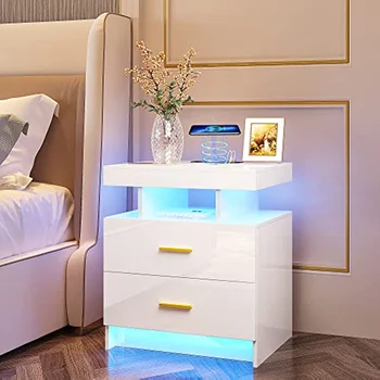 HNEBC automatinis LED naktinis staliukas su belaidžio įkrovimo stotele ir USB prievadais, blizgūs naktiniai staliukai 2 stalčiai Plaukiojantis naktinis staliukas