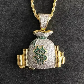 Iced Out Dollar Money Bag Necklace Shiny Cubic Zircon Wallet Pendant Men Women Hip Hop Rock Rap Cool Jewelry