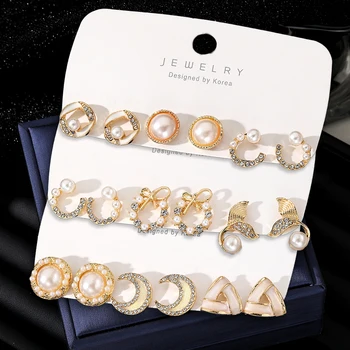 IFMIA Crystal Pearl Stud auskarai Rinkinys Vintažiniai aukso spalvos auskarai moterims Mėnulio netaisyklingas lankas Madingi papuošalų aksesuarai