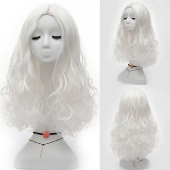 Ilgas banguotas baltas Cosplay perukas moterims Lolita Sintetinė vidurinė linija Moteriškas karščiui atsparus pluoštas