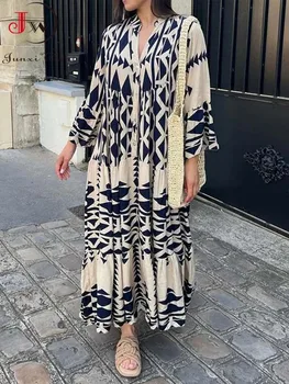 ilgomis rankovėmis Vintažinės moterys Ilga suknelė Laisvalaikio laisvalaikio vasaros rudens gėlių marginta suknelė Elegantiški drabužiai 2023