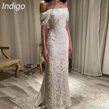 Indigo vakarinės suknelės nuo pečių aplikacijos Grindų ilgio suvarstomos oficialios vakarėlio suknelės moterims 2024 m vestidos de noche elegantes