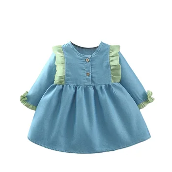 Infant Toddler Baby Girls Denim A-Line suknelė ilgomis rankovėmis Frills Patchwork Buttons Ruched Casual Fall Princess suknelė