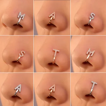 Inkrustuotas cirkono raidės nosies spaustukas U formos netikras auskarų vėrimo varinis nosies žiedas moterims Merginos mados žavesys Papuošalų dovanos