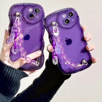 INS Korea Purple Bead Bracelet Love Heart Pendant Soft Phone Case For IPhone 15 13 12 11 Pro Max X XS Max Smūgiams atsparus skaidrus dangtelis