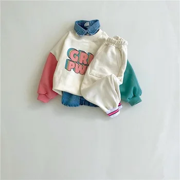 INS stilius kūdikių mados spalva ilgomis rankovėmis laiškas džemperis spalvinės blokinės kelnės aukštos kokybės vaikiškų drabužių kostiumas