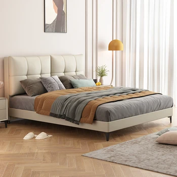 itališka lengva prabangi odinė lova, dvigulė vestuvinė lova, pagrindinio miegamojo karališka lova, modernus ir paprastas medžio masyvo rėmas, nuimamas