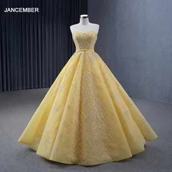 Jancember Yellow Spetless Sequins Ball Gown Lace Up Pleat Chic Classic Wedding Evening Dress vestido de noche RSM231017