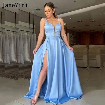 JaneVini Elegantiška mėlyna pamergių suknelė Ilgos vestuvinės svečių suknelės Moteris Seksualios be nugaros plyšio Satino suknelės Vestido Invitada De Boda
