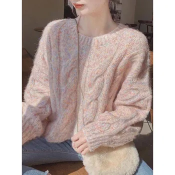 Japan Sweet Women Knitted Sweater Fashion Loose Preppy Style Jumper Lazy Wind O-Neck Long Sleeve Fall Lady Wool Pullovers