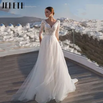 JEHETH Romantiška nėriniuota Tiulio vestuvinė suknelė 2024 Klasikinės pusės rankovės A Line Nuotakos suknelė Seksuali be nugaros Vestido De Novia Custom Made