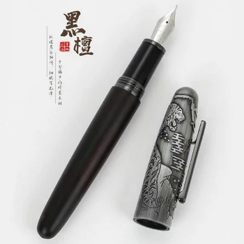 Jinhao Juodas ir pilkas rankų darbo metalinis ir medinis plunksnakotis Tigro reljefinis dangtelis 0.5mm Nib rašymo dovanų dėžutės rašiklio rinkinys