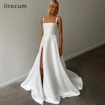 Jirocum Cute A-line kvadratinio kaklo šono plyšio satino vestuvinė suknelė su plonomis petnešėlėmis berankovės nuotakos vakarėlio suknelės be rankovių