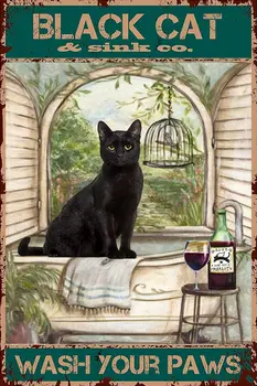Juodos katės ženklas Nusiplaukite letenas sienų dekorui barams,restoranams,kavinėms, barams 12