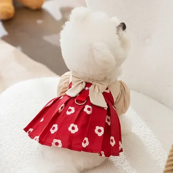 Kalėdiniai naminių gyvūnėlių drabužiai Šuo Princesės suknelė Sijonas Japoniška suknelė Žieminiai šunų drabužiai Gėlių raštas Megztinis Mažas šuo Šilti drabužiai