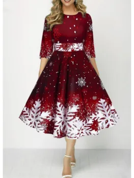 Kalėdinė suknelė Moterys Ruduo Žiema Snaigė Spausdinti Plonas juosmuo Didelis sūpynės Midi Elegantiškos vakarėlio suknelės Raudona Mėlyna Oversize 5XL