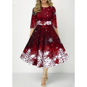Kalėdinės margintos suknelės moterims 2023 Ruduo Naujos pusės rankovės O Kaklas Aukštas juosmuo A linijos suknelė Mada Vakarėlis Vestidos