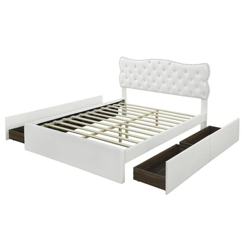 Karalienės dydžio lovos rėmas su 4 laikymo stalčiais, odinė minkšta platforma sunki lova, medinė skersinė atrama, balta