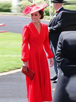 Kate Middleton Princesė Pavasario rudens naujos ponios Aukštos kokybės mados vakarėlis Raudona prašmatnus elegantiškas plonas vintažinis saldus seksualus midi suknelė