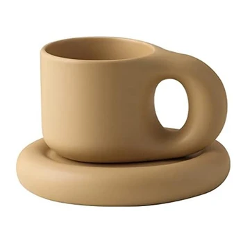 Keraminis puodelis Išsipūtęs kavos puodelis Mielas arbatos puodelis + lėkštės naujovė Mielas riebalų rankenos puodelių rinkinys namų dekoro biurui