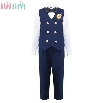 Kids Boys Formal Gentleman Suit Long Sleeve White Shirt with Vest Pants Bow Tie Corsage for Christening Wedding Party Stage Prom