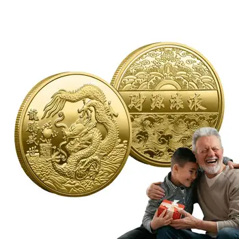 Kinijos drakono moneta Kolekcinė drakono moneta Naujųjų metų proginėms dovanoms Drakono metams knygų lentynoje Vitrinos arbata