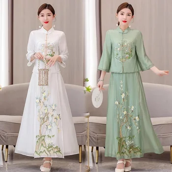 kinų stiliaus moteriški drabužiai 2023 m. vasaros retro siuvinėjimas Tang Qipao viršutinis sijono kostiumas Elegantiškas dviejų dalių komplektas Apranga Z1553
