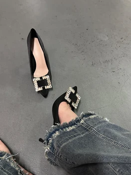 Kvadratinė krištolinė sagtis Stiletto Smailus pirštas Moteriški sandalai Dailūs kulniukai Slingback Moteriškos pompos Vasaros ponios vakarėlio suknelės Batai