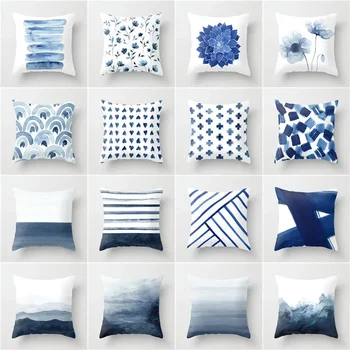 Kvadratinės pagalvėlės užvalkalas Pagrindinis dekoras Sofa Pagalvės užvalkalas Grožis Mėlynas Geometrinis gėlių raštas Pagalvės užvalkalas Mada Trumpas