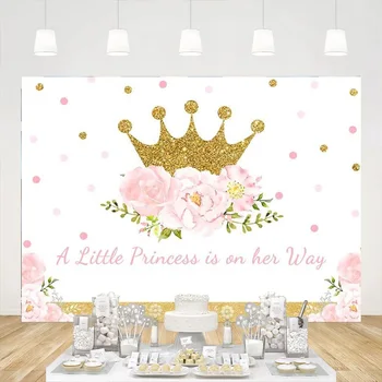 Kūdikio dušo fonas Mažas princesės fonas fotografijai Rožinės gėlės Aukso vainiko mergaičių tortas Stalo reklamjuostės dekoravimas