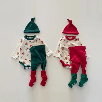 Kūdikių kalėdinė apranga 2023 m. ruduo Žiema Kūdikių mergaičių drabužiai Kalėdinis briedžio atspaudas Smėlinukas+Kelnės+Kepurė 3Vnt Medvilnės berniukų namų komplektai