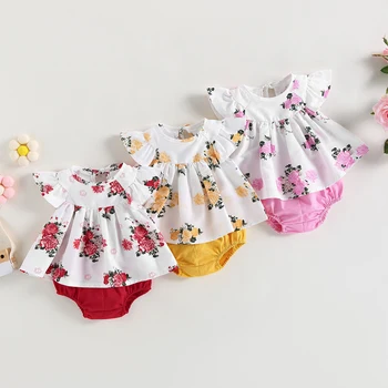 Kūdikių mergaičių vasaros aprangos komplektai Laisvalaikio trumpomis rankovėmis O Kaklo gėlių viršūnės + Vienspalviai PP šortai 2vnt Drabužių kostiumai 0-24M