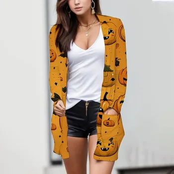 Ladies Halloween Print Pocket Long Sleeve Fashion Unseted Cardigan Coat Streetwear All- Blusas Harjauku Elegant