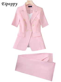 Ladies Spring Summer Pūk Suit Blazer Women Pink White Black Striukės trumpomis rankovėmis Kelnės Business Work Wear 2 dalių komplektas