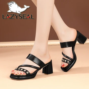 LazySeal Square Heels Party šlepetės Kniedės dizainas PU odiniai moteriški batai Elegantiškas slydimas ant aukštakulnių Sandalai plius dydis 46