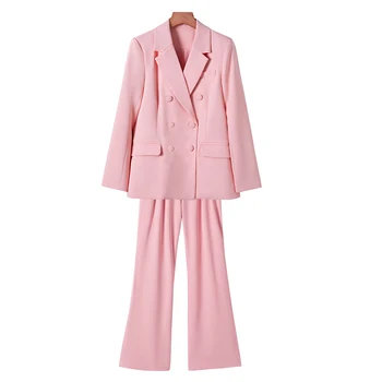 Lenshin moteriškas trigubas mygtukas 2 dalių plonas prigludęs biuro verslo švarko kelnių kostiumo komplektas darbui Rožinė striukė su kelnėmis