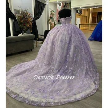 Lilac Sweetheart 3D Butterfly Quinceanera suknelės Ball Gown Glitter Sequined Beloning Corset Sweet 16 Vestido De XV Años