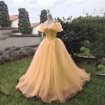 Lily Yellow Tulle Long Special Occasion Suknelės A-Line Oficiali suknelė nuo peties Vakarinės suknelės Custom vestidos de fiesta