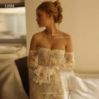 LISM elegantiškos blizgančios nėrinių vestuvinės suknelės nuo peties ilgomis rankovėmis Undinėlė Grindų ilgis Šlavimo traukinys Nuotakos suknelės be nugaros
