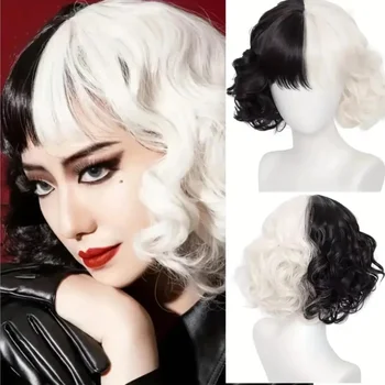 Lolita Pusiau juoda ir balta Trumpas garbanotas banguotas moteriškas perukas su kirpčiukais Merginos Helovinas Cosplay kostiumų vakarėlio perukas