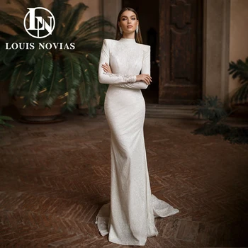 LOUIS NOVIAS Undinės vestuvinė suknelė 2024 Karoliukais ilgomis rankovėmis Nuotakos suknelė Svajinga suknelė aukštu kaklu be nugaros Vestidos De Novia