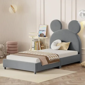 Lovos rėmas, paminkštintas dvigulės lovos rėmas, animacinio filmo ausies formos galvūgalis, moderni platforma medinis vaikiškos lovos rėmas
