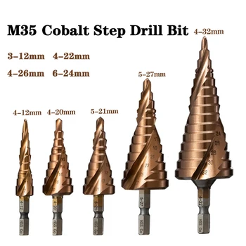 M35 5% kobalto žingsninio gręžtuvo bitas HSS-Co kūgio šešiakampis metalo gręžimo įrankio skylių pjaustytuvas 3-12/4-12/4-20/4-22/4-32/4-26/5-21/5-27/6-24mm