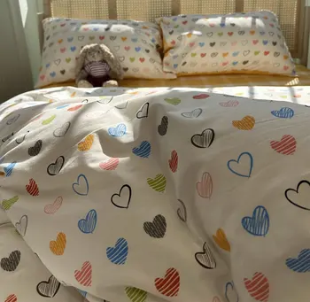 Madingas mielas animacinis filmas širdies patalynės komplektas paauglys, dvynys pilnas karalienės karalius spalvingas medvilninis namų tekstilinis lovos paklodės pagalvės užvalkalas antklodės užvalkalas